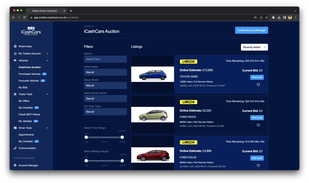 The Traders Dashboard vehicle listing screen